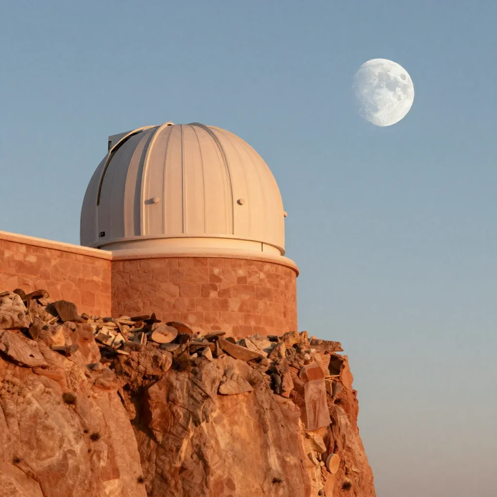 a cliffside observatory at moonrise, cinematic architectural photography, clean natural textures, terracotta and pale sk