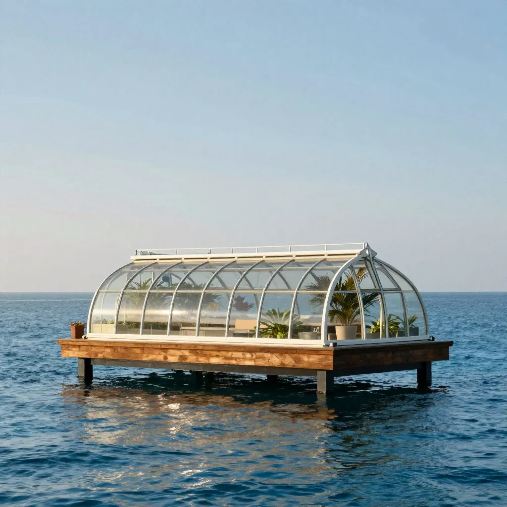 a floating botanical conservatory in a gentle sea breeze, refined editorial travel photography, calm negative space, cob