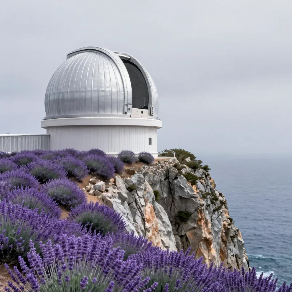 a cliffside observatory under overcast coastal light, dreamlike fine-art landscape photography, crisp material detail, l
