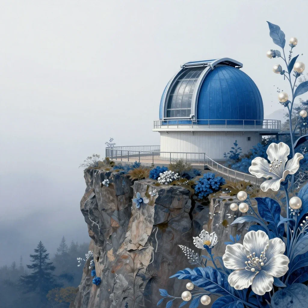 a cliffside observatory in early spring mist, contemporary botanical illustration, crisp material detail, indigo and pea