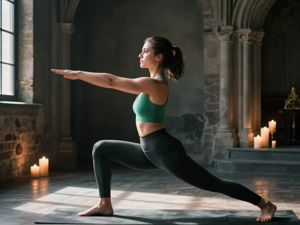 a fitness creator stretching in a sunlit loft in a low lunge with a lifted chin, in a candle-lit cathedral ruin, moody F