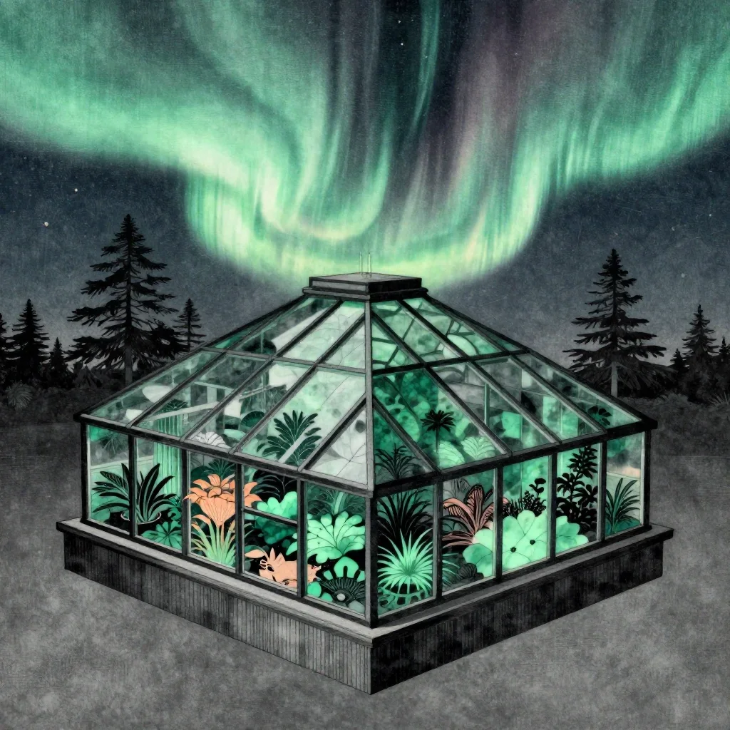 a floating botanical conservatory beneath an aurora, Japanese woodblock-inspired editorial art, careful geometric compos