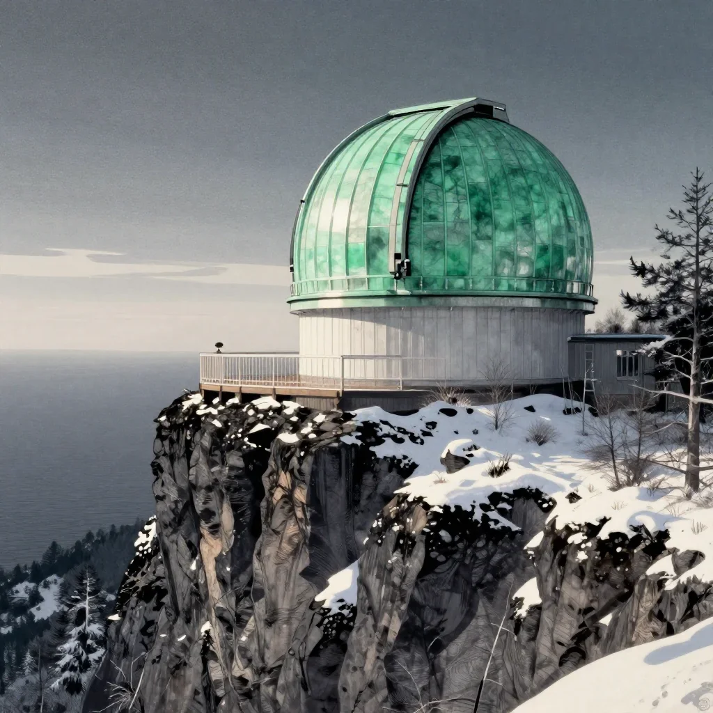 a cliffside observatory in crisp winter sunlight, Japanese woodblock-inspired editorial art, subtle film grain, jade and
