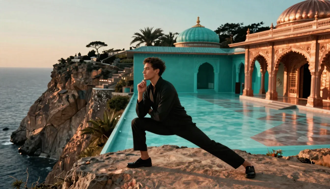 a travel influencer posing on a cliffside at golden hour in a low lunge with a lifted chin, in a moonlit palace courtyar