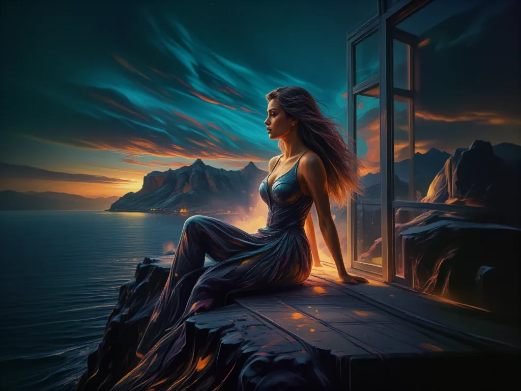a travel influencer posing on a cliffside at golden hour in a seated silhouette against a window, on a neon-lit rooftop 