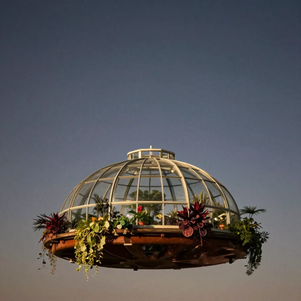 a floating botanical conservatory beneath a star-filled sky, dreamlike fine-art landscape photography, calm negative spa