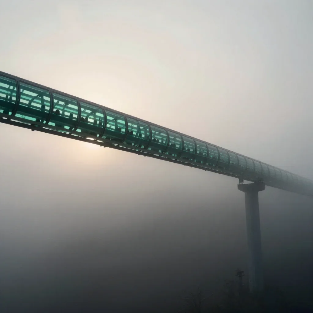 a glass monorail under soft dawn fog, quiet science-fiction concept art, soft volumetric light, jade and charcoal palett