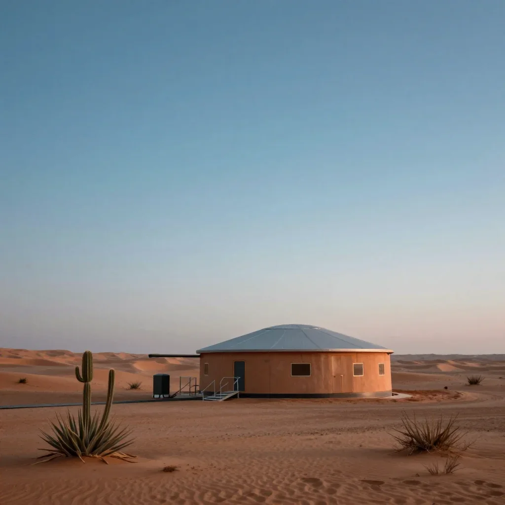 a desert research station at blue hour, contemporary botanical illustration, atmospheric depth, terracotta and pale sky 