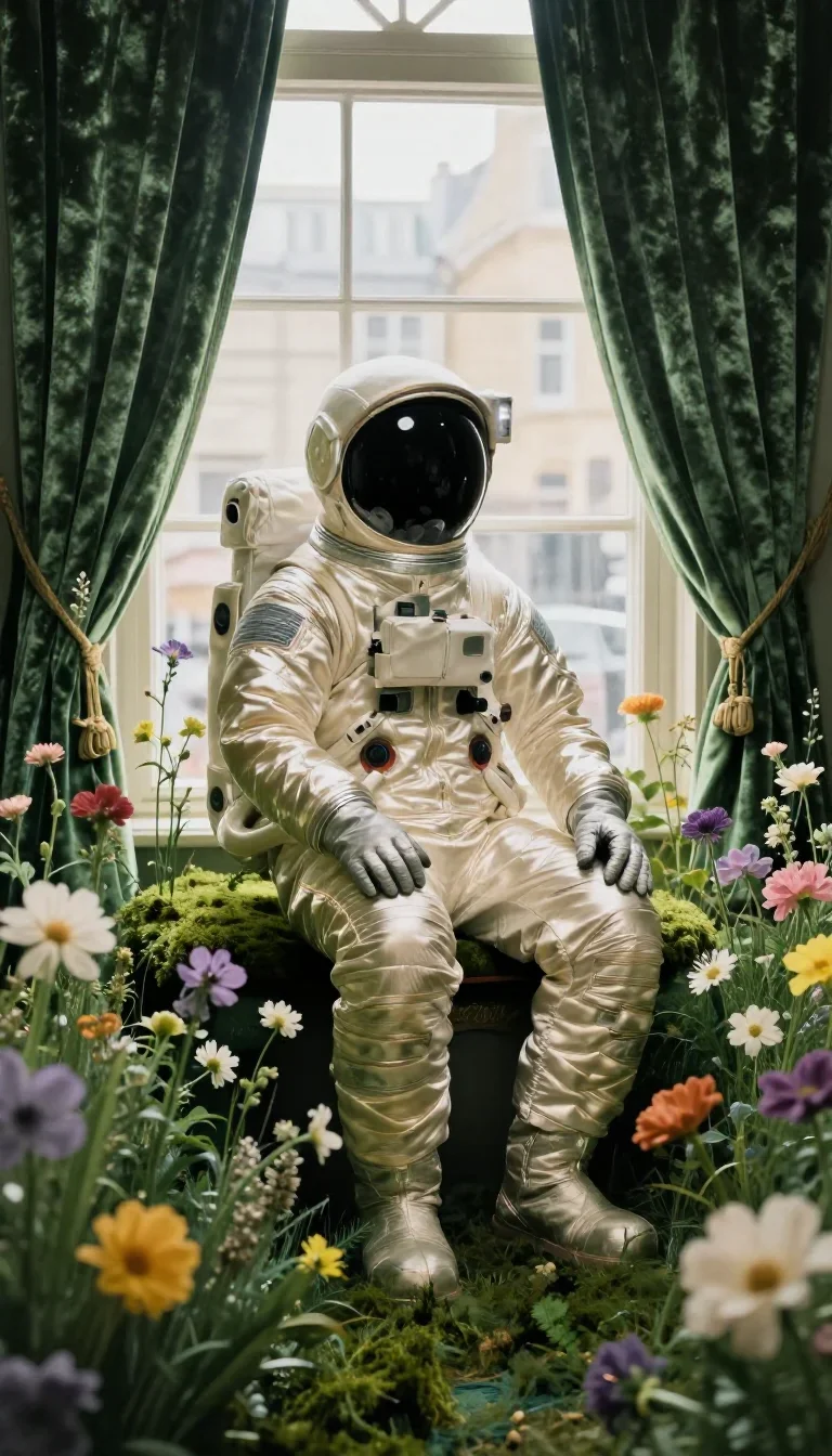 an astronaut in a reflective bodysuit among wildflowers in a seated silhouette against a window, in a velvet-curtained b