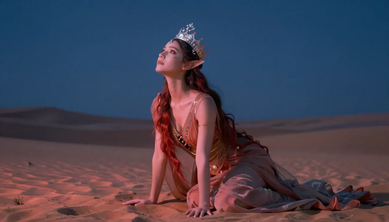 an elven queen in a moonlit silver crown in a low lunge with a lifted chin, in a silent desert at twilight, dreamlike fa