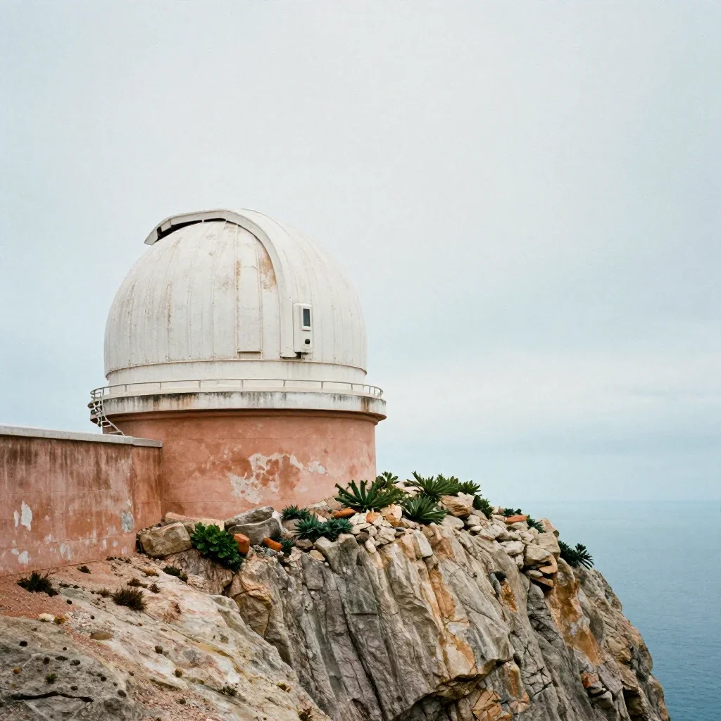 a cliffside observatory under overcast coastal light, soft-grain analog film photography, weathered tactile surfaces, te