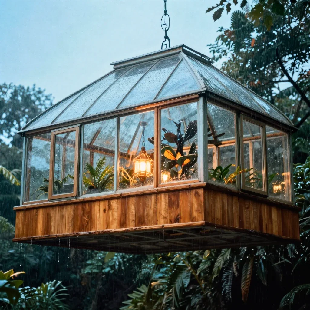 a floating botanical conservatory after warm summer rain, cinematic architectural photography, subtle film grain, ice bl