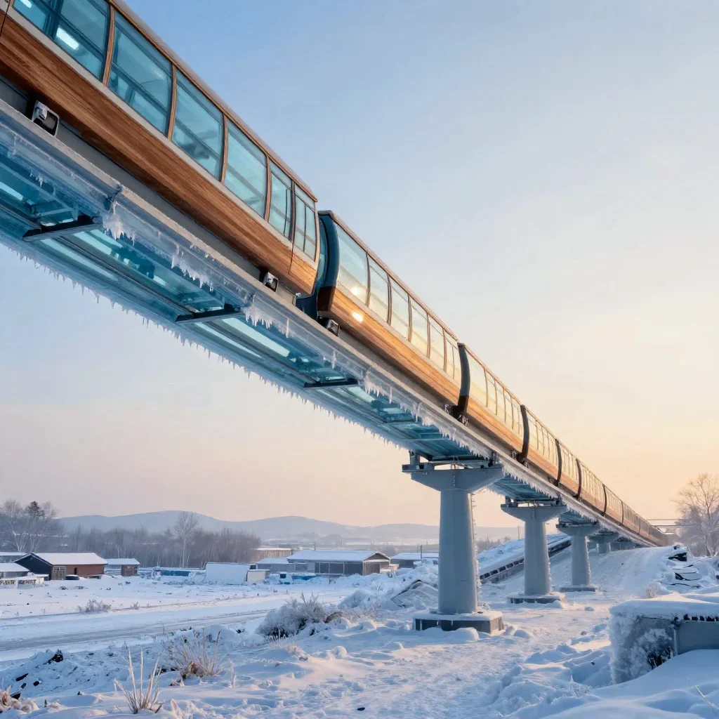 a glass monorail in crisp winter sunlight, dreamlike fine-art landscape photography, careful geometric composition, ice 