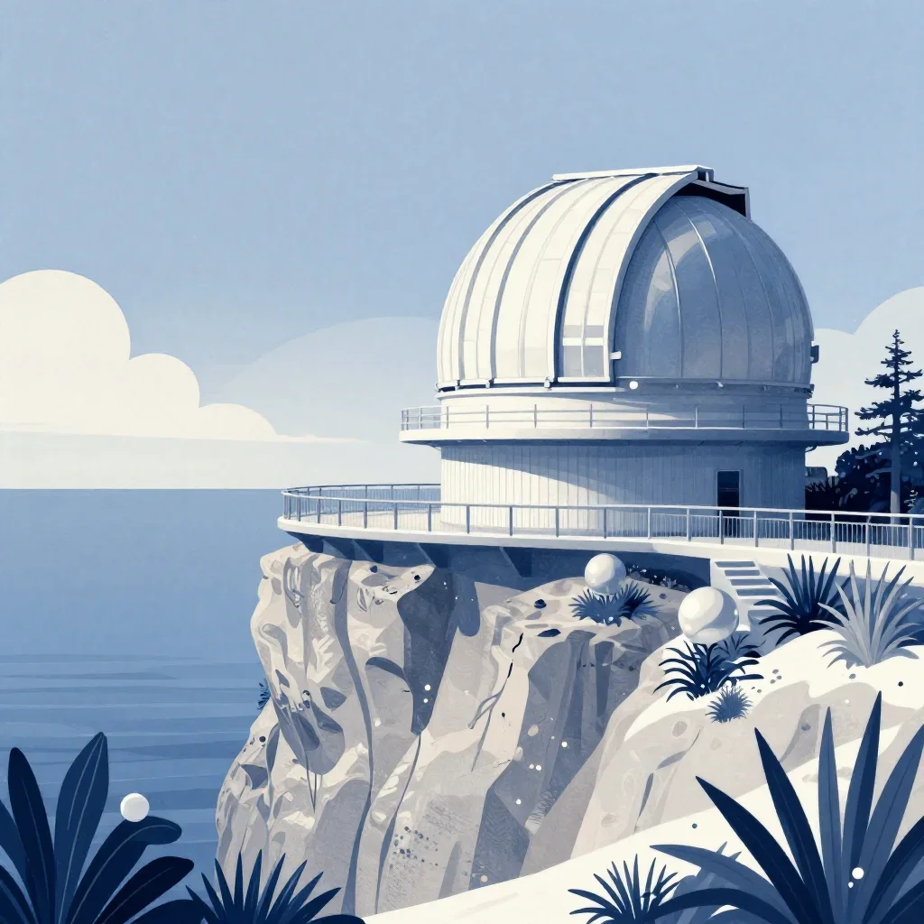 a cliffside observatory in crisp winter sunlight, contemporary botanical illustration, restrained color harmony, indigo