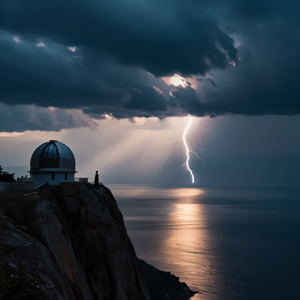 a cliffside observatory after a distant thunderstorm, dreamlike fine-art landscape photography, gentle reflected light, 