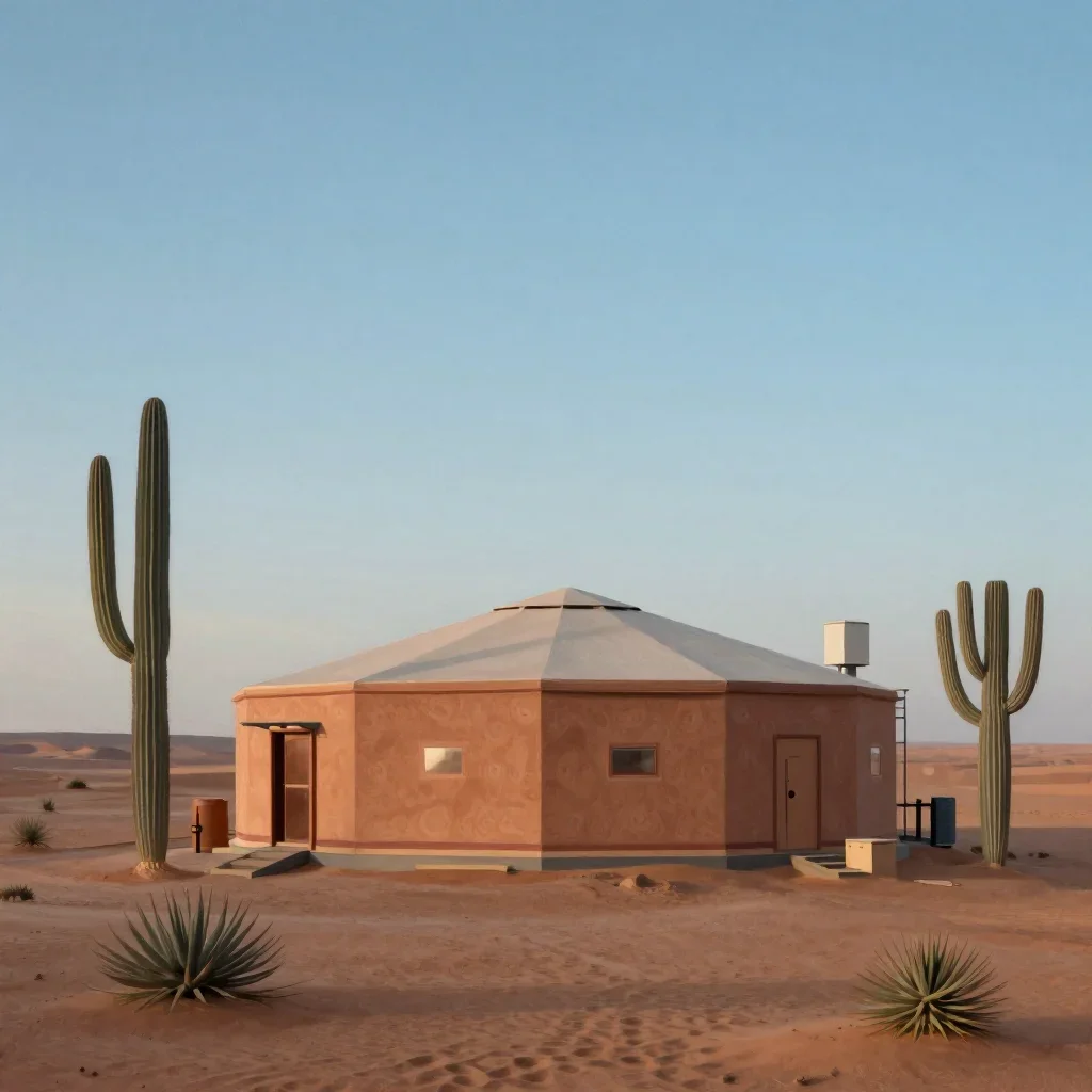 a desert research station at blue hour, contemporary botanical illustration, careful geometric composition, terracotta a