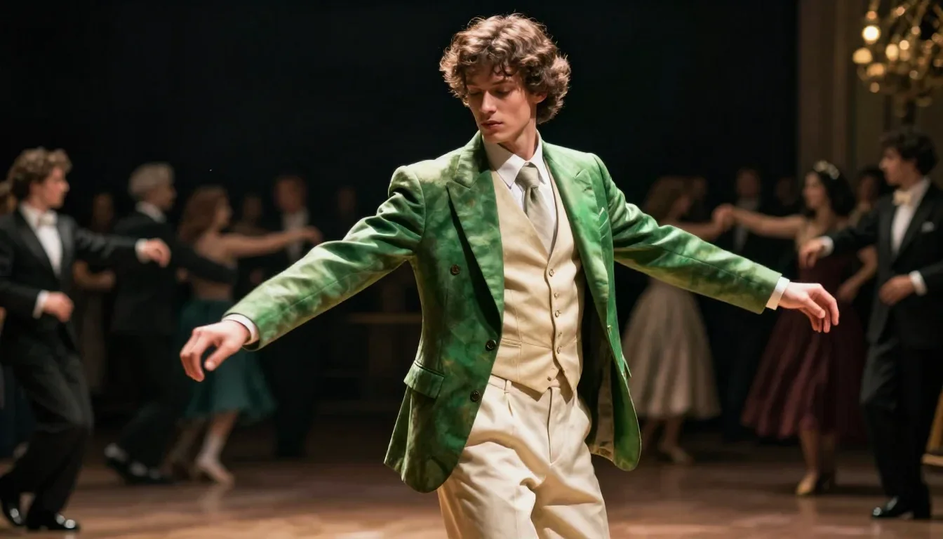 an androgynous model in a sharply tailored suit mid-turn with fabric catching the light, on a midnight dance floor, Rena