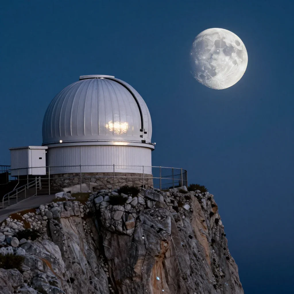 a cliffside observatory at moonrise, high-end design magazine photography, gentle reflected light, indigo and pearl pale