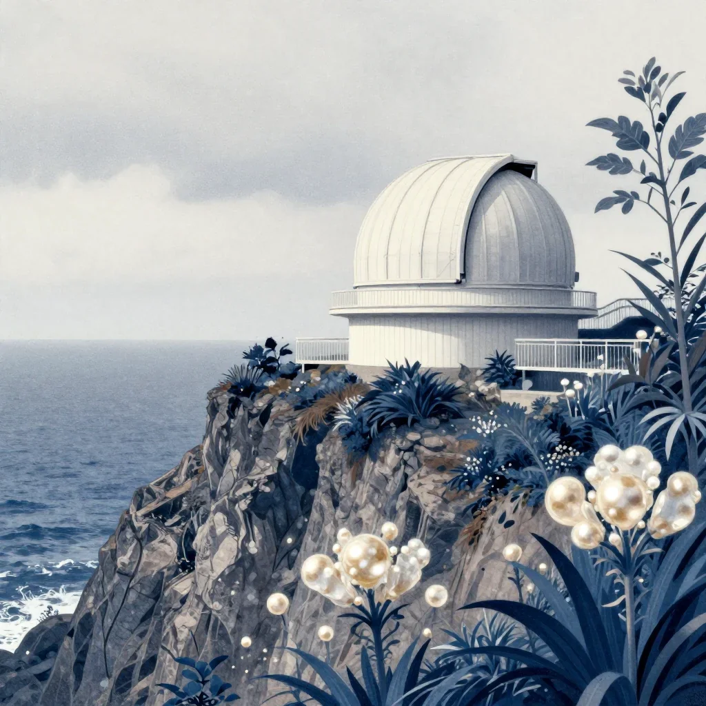 a cliffside observatory under overcast coastal light, contemporary botanical illustration, subtle film grain, indigo and