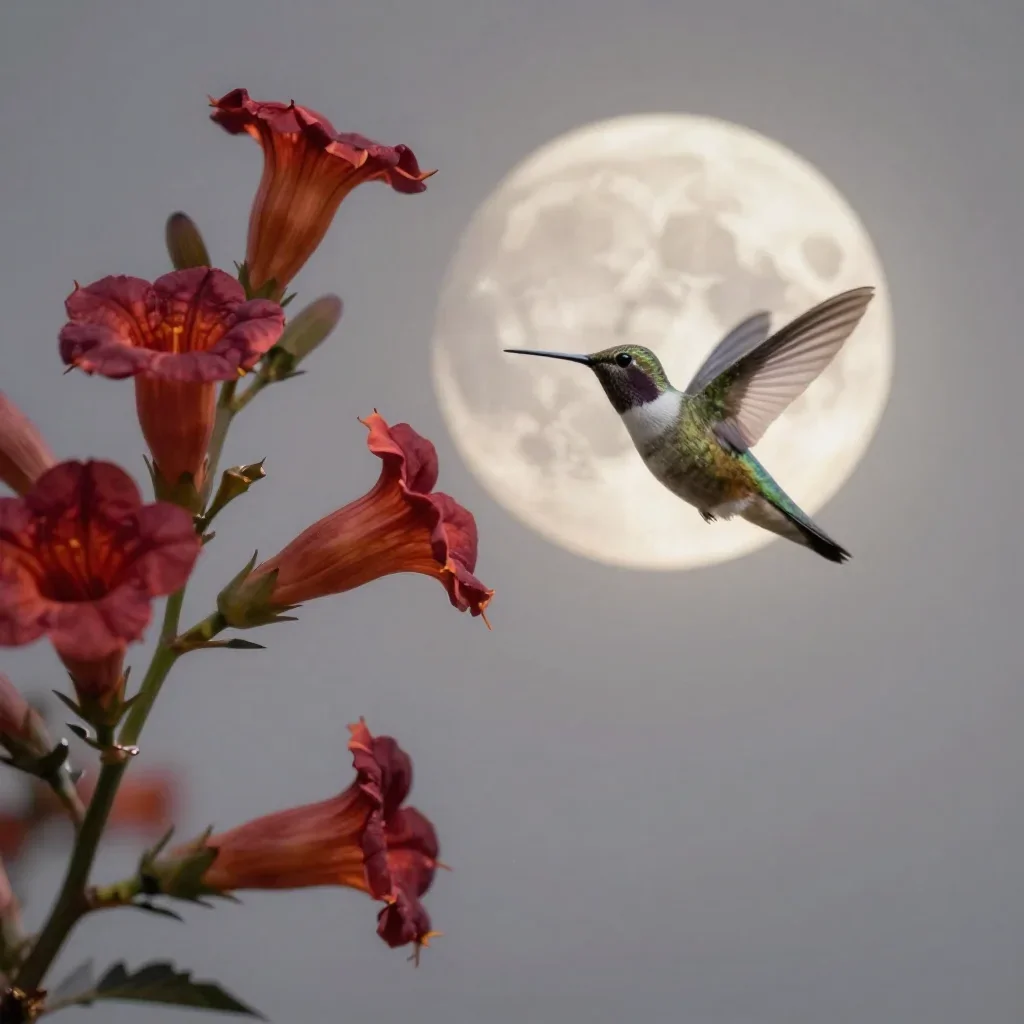 a hummingbird beside trumpet flowers at moonrise, quiet science-fiction concept art, calm negative space, garnet and war