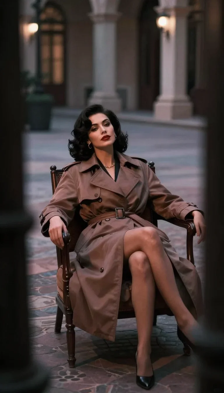 a noir detective's femme fatal muse in a trench coat reclining elegantly on a chaise, in a moonlit palace courtyard, moo