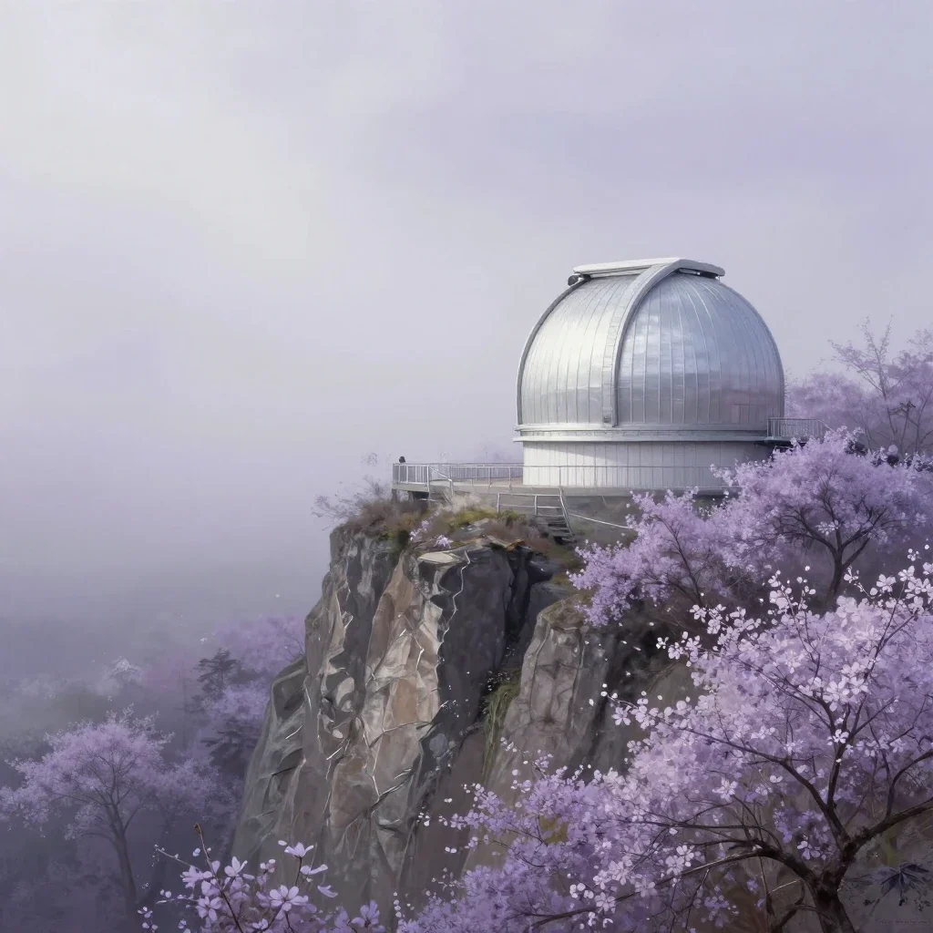 a cliffside observatory in early spring mist, contemporary botanical illustration, calm negative space, lavender and sil