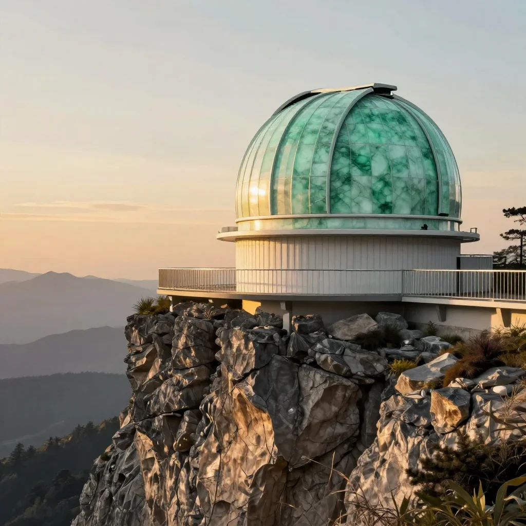 a cliffside observatory during golden hour, contemporary botanical illustration, clean natural textures, jade and charco