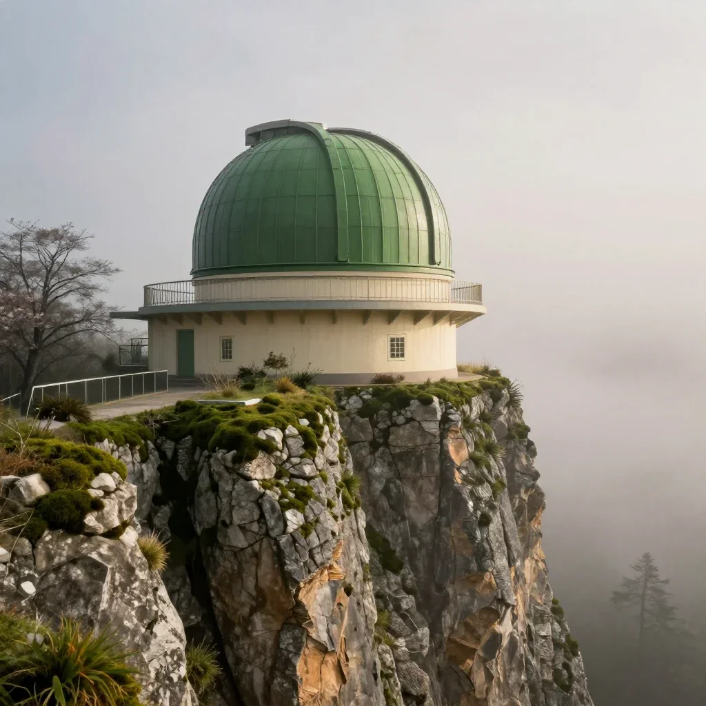 a cliffside observatory in early spring mist, cinematic architectural photography, crisp material detail, moss green and