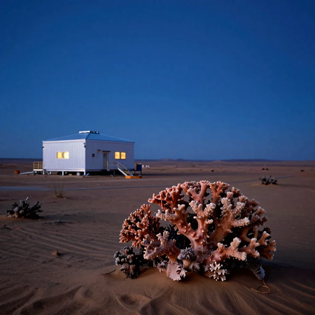 a desert research station at blue hour, dreamlike fine-art landscape photography, crisp material detail, coral and midni