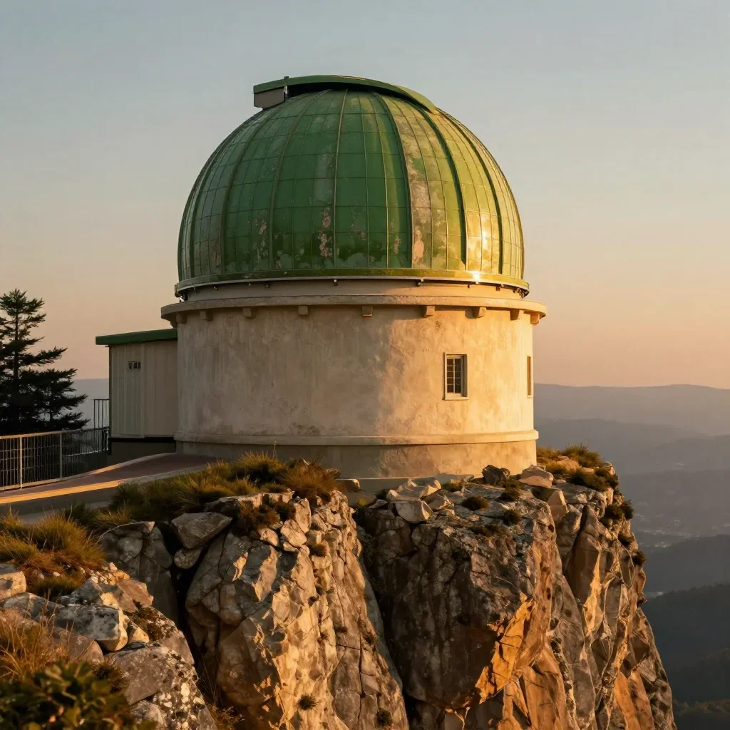 a cliffside observatory during golden hour, cinematic architectural photography, weathered tactile surfaces, moss green and cream palette, no people, no text, no logo, no watermark