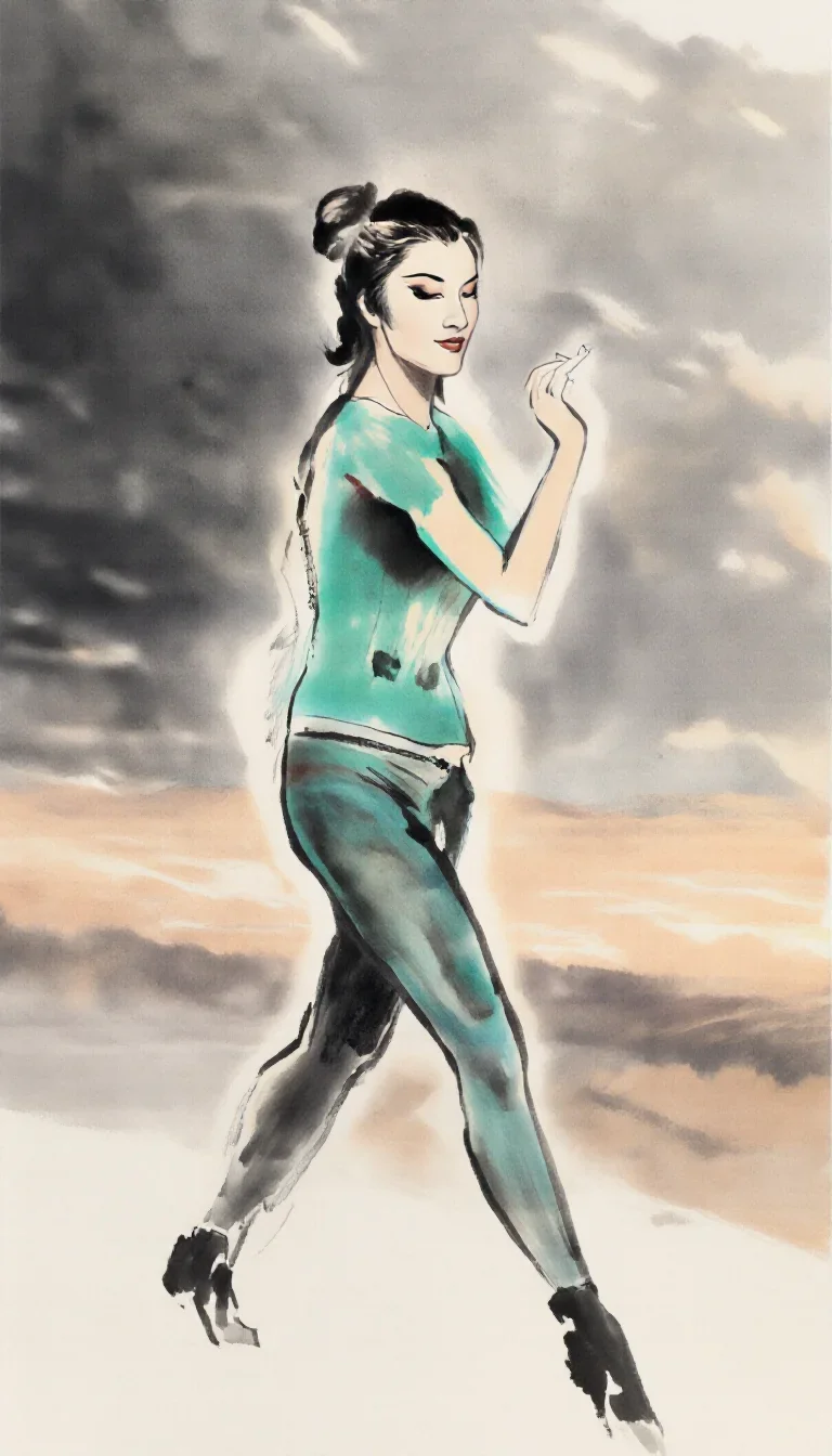 a spectral fox-spirit woman in an ink wash in a confident cinematic stride, in a silent desert at twilight, bold Helmut 