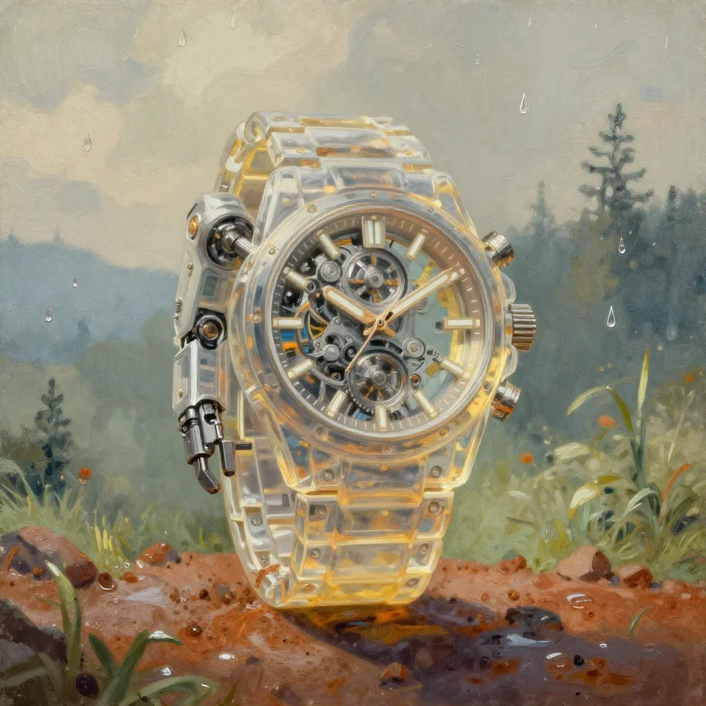 a translucent mechanical watch after warm summer rain, luminous gouache painting, calm negative space, rust and sage pal