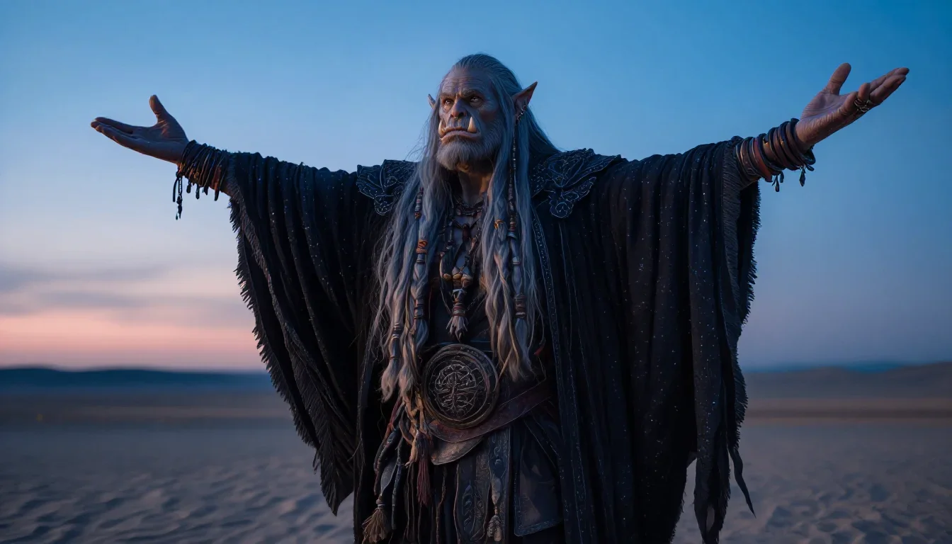 a sorceress in a star-lit midnight cloak in a bold, open-armed welcome, in a silent desert at twilight, bold Helmut Newt