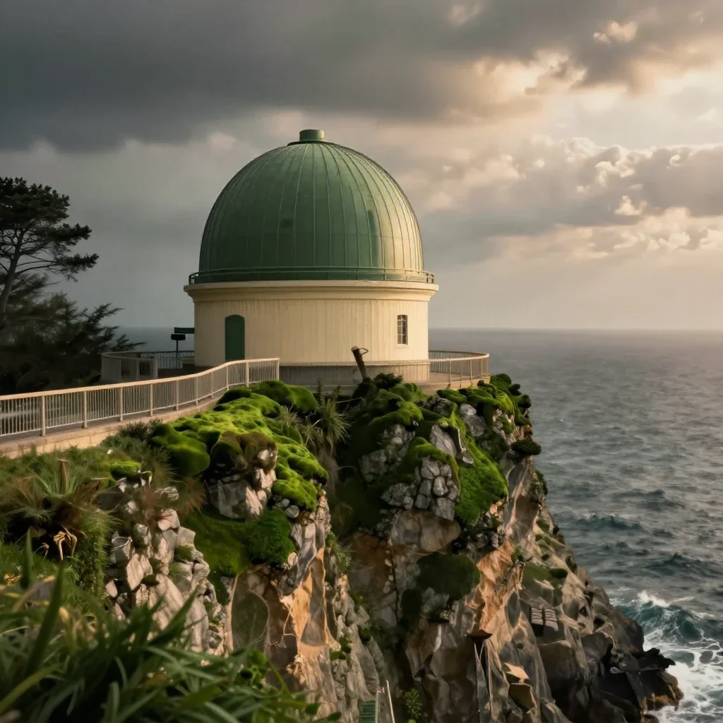 a cliffside observatory in a gentle sea breeze, refined editorial travel photography, atmospheric depth, moss green and