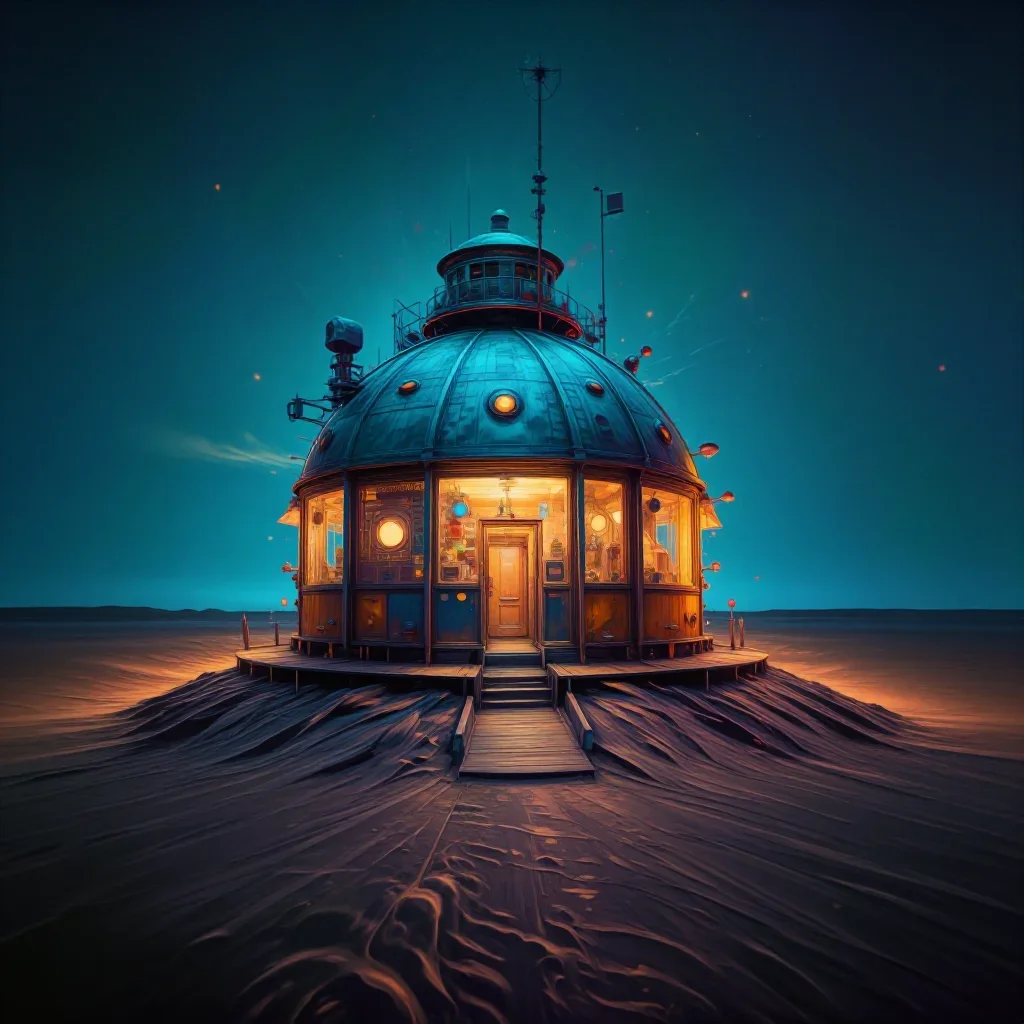 a desert research station at blue hour, refined editorial travel photography, soft volumetric light, cobalt and amber pa