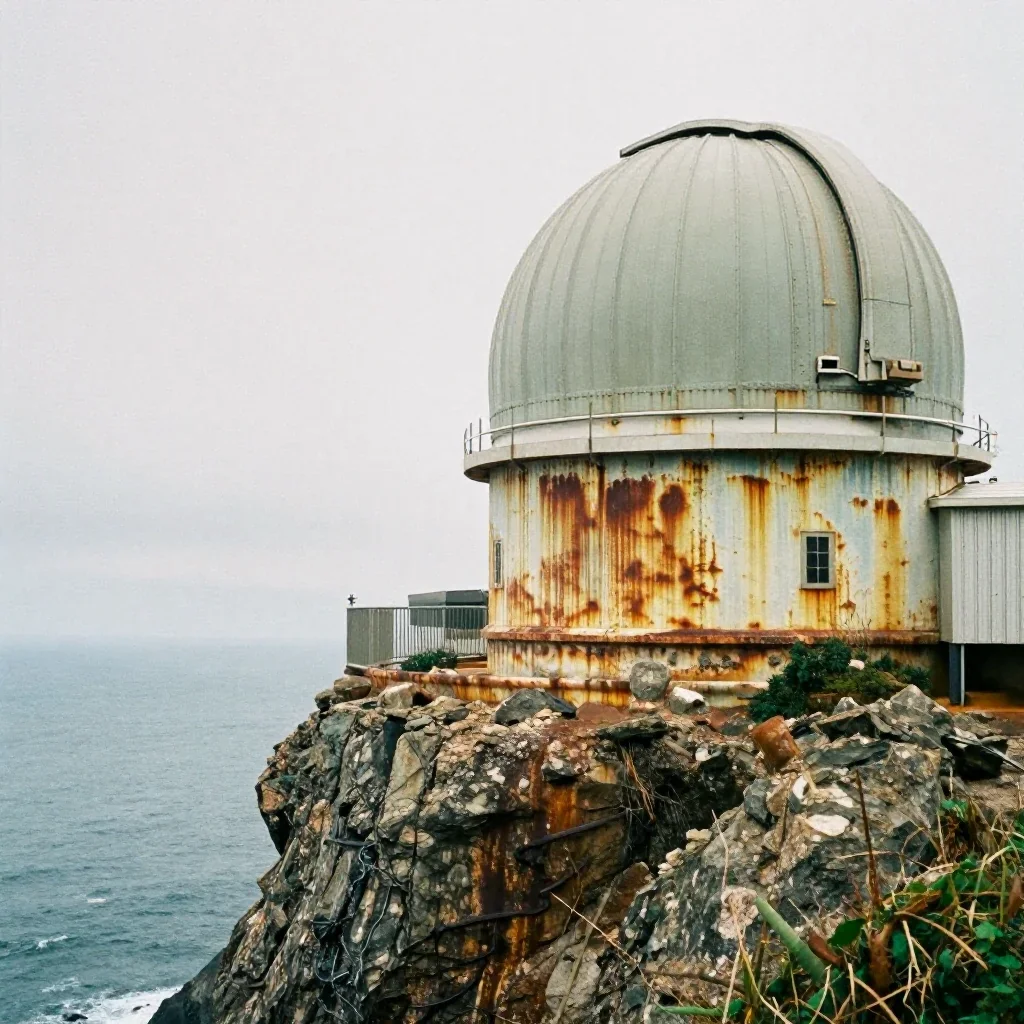 a cliffside observatory under overcast coastal light, soft-grain analog film photography, atmospheric depth, rust and sa