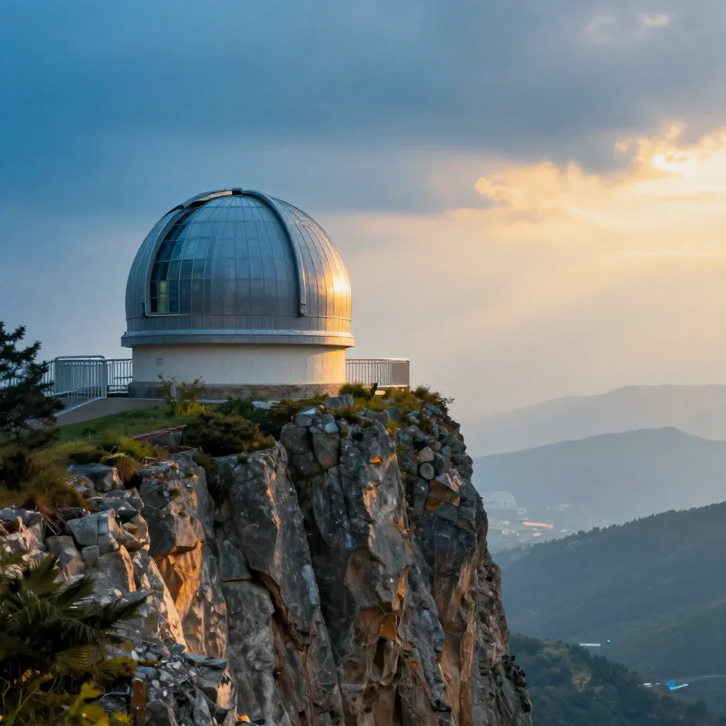 a cliffside observatory after warm summer rain, dreamlike fine-art landscape photography, soft volumetric light, cobalt 