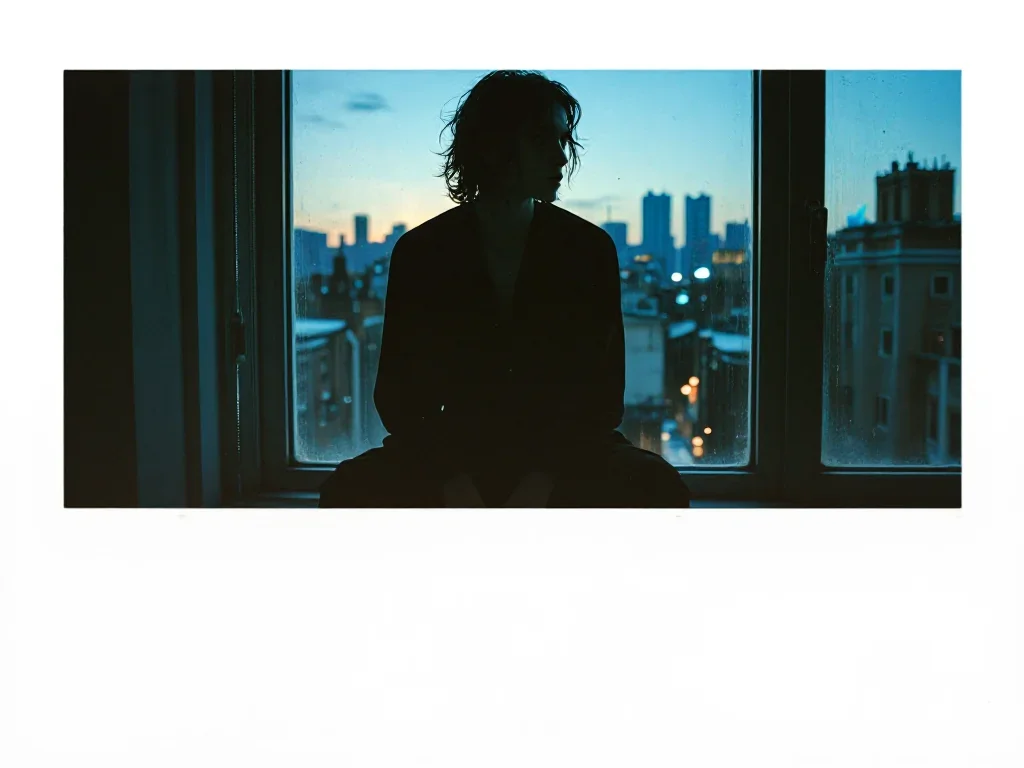 a streetwear influencer with wet-look hair in a seated silhouette against a window, in a blue-hour city apartment, high-