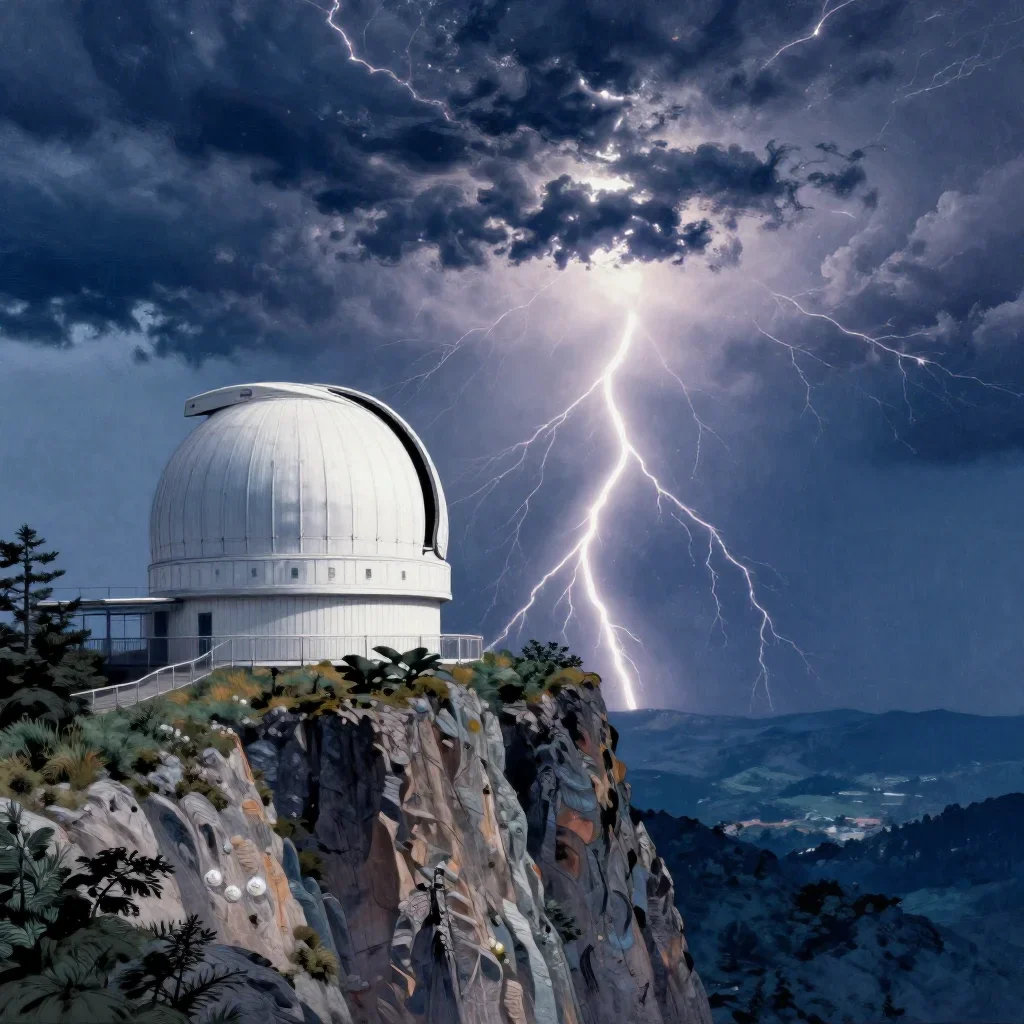 a cliffside observatory after a distant thunderstorm, Japanese woodblock-inspired editorial art, atmospheric depth, indi