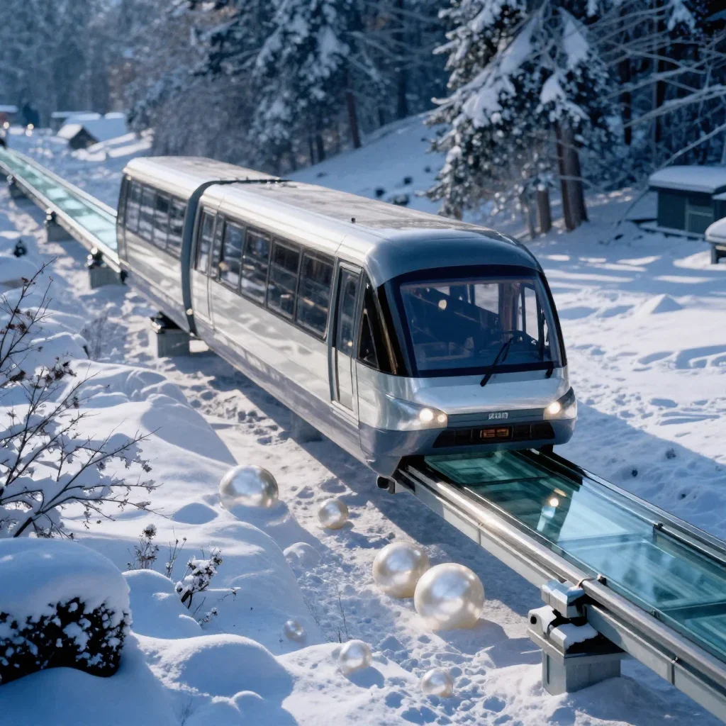 a glass monorail in crisp winter sunlight, museum-quality still-life photography, subtle film grain, indigo and pearl pa