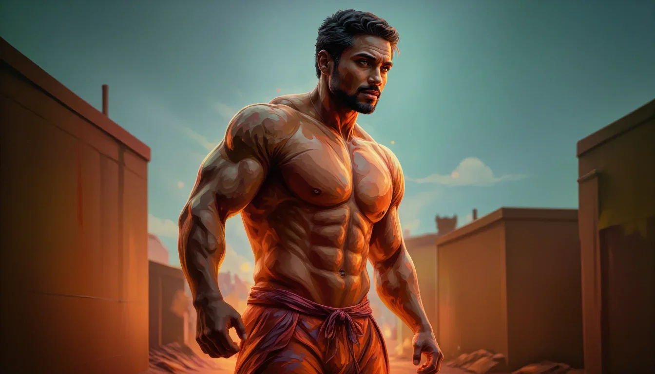 a chiseled athlete in dramatic rim light, oiled skin in a confident cinematic stride, on a neon-lit rooftop at midnight,