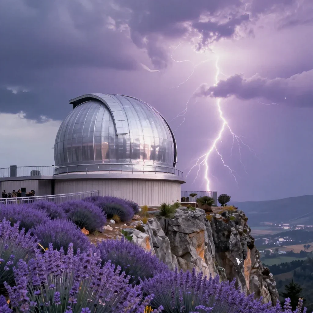 a cliffside observatory after a distant thunderstorm, cinematic architectural photography, soft volumetric light, lavend