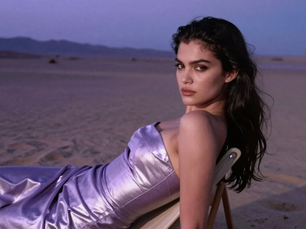 a striking woman with a smoldering over-the-shoulder gaze reclining elegantly on a chaise, in a silent desert at twiligh