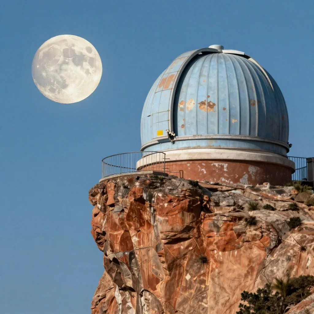 a cliffside observatory at moonrise, high-end design magazine photography, weathered tactile surfaces, terracotta and pa
