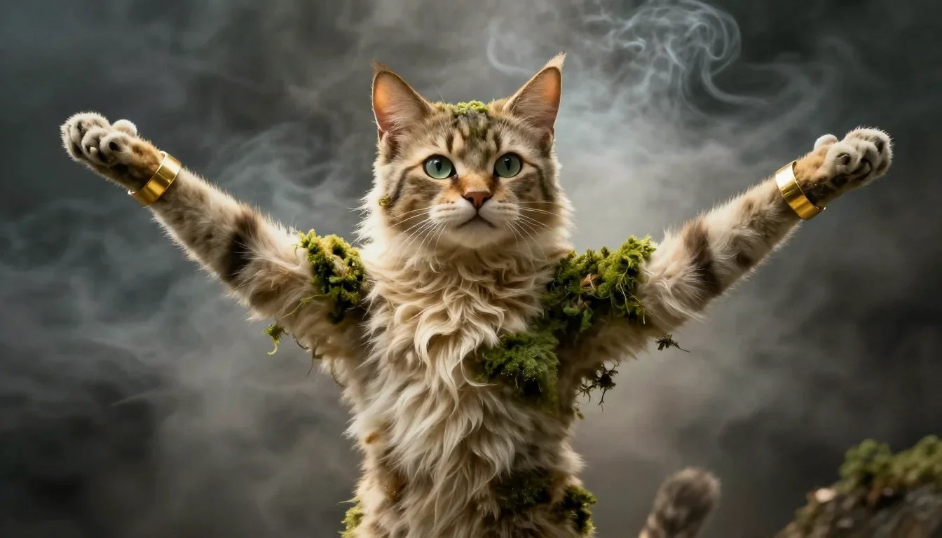 a feline-featured model with gold ear cuffs in a bold, open-armed welcome, in a smoke-lit photo studio, dreamlike fantas