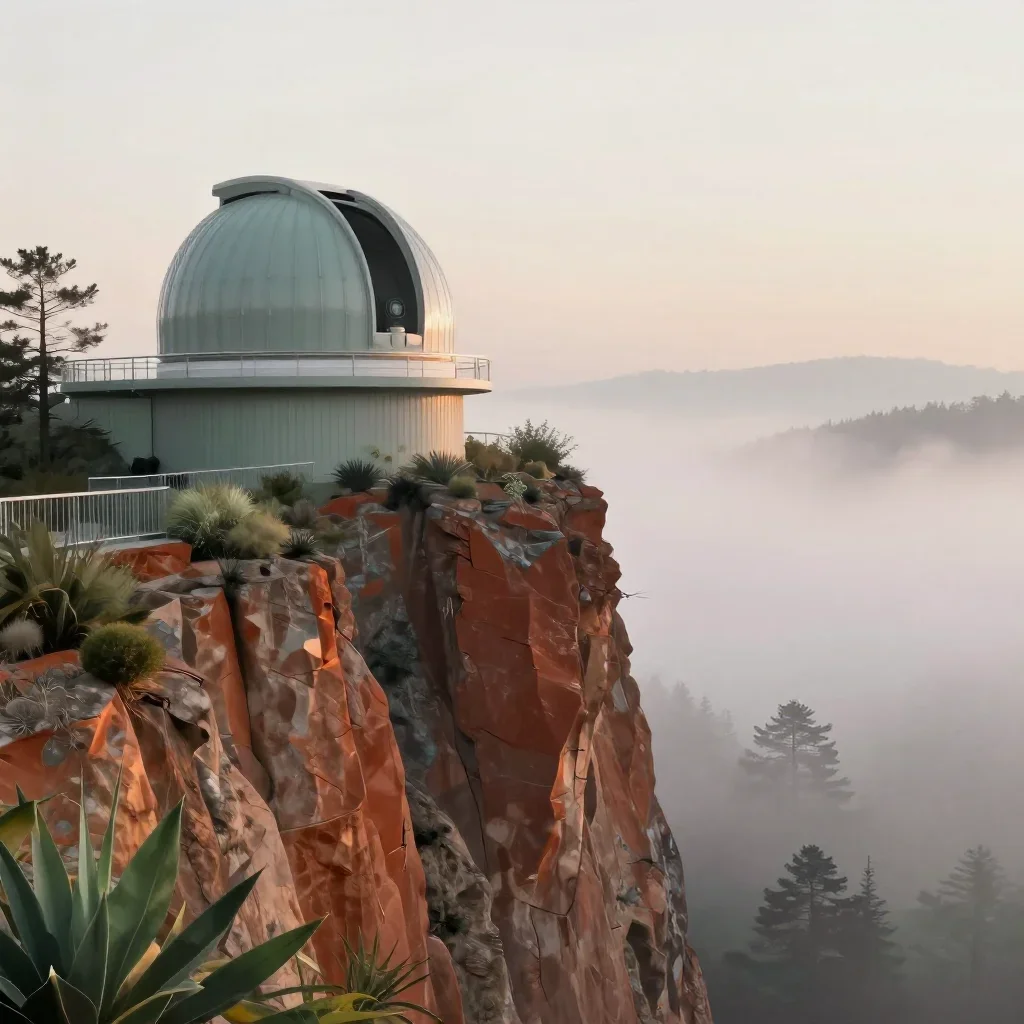 a cliffside observatory under soft dawn fog, contemporary botanical illustration, gentle reflected light, rust and sage 