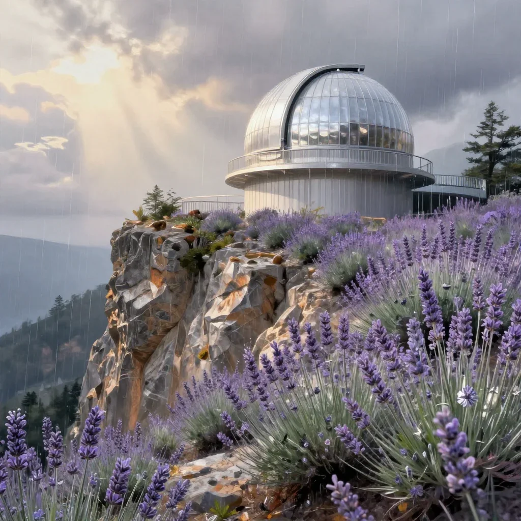 a cliffside observatory after warm summer rain, contemporary botanical illustration, soft volumetric light, lavender and