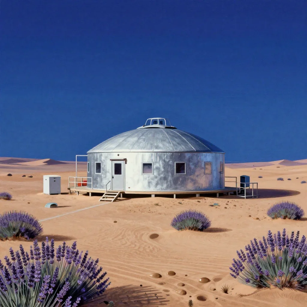 a desert research station at blue hour, Japanese woodblock-inspired editorial art, clean natural textures, lavender and 