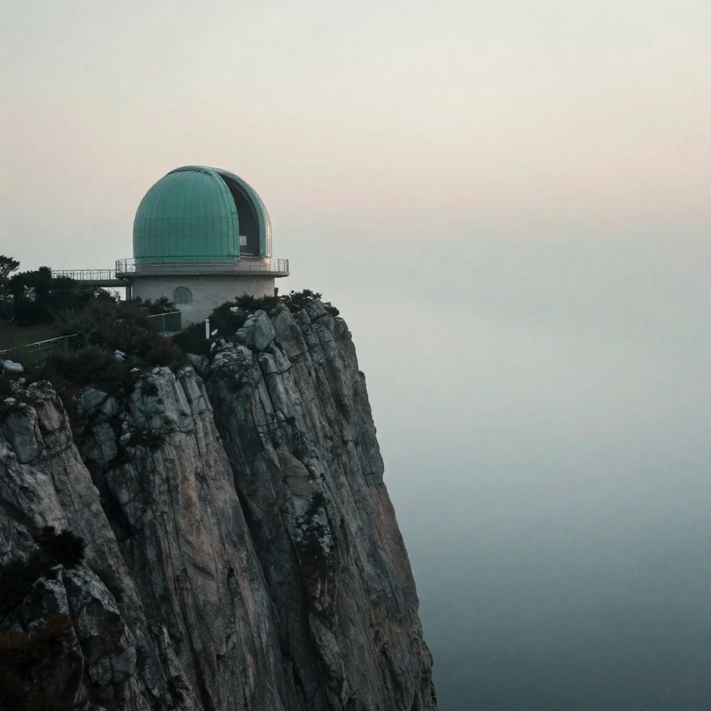 a cliffside observatory under soft dawn fog, dreamlike fine-art landscape photography, subtle film grain, jade and charc