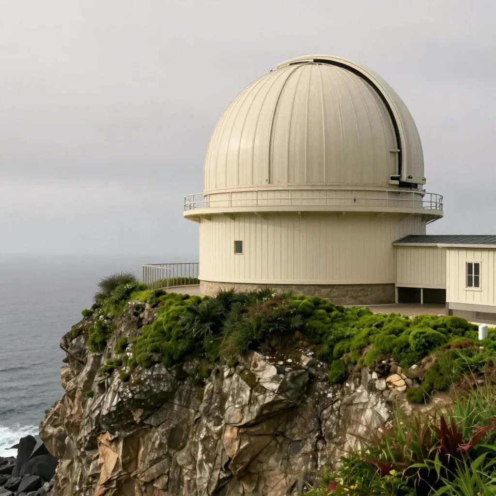 a cliffside observatory under overcast coastal light, museum-quality still-life photography, soft volumetric light, moss green and cream palette, no people, no text, no logo, no watermark